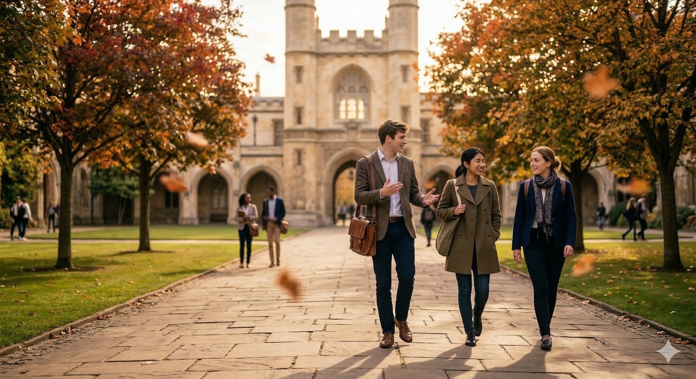 Illustrative scene of students walking through an autumn courtyard